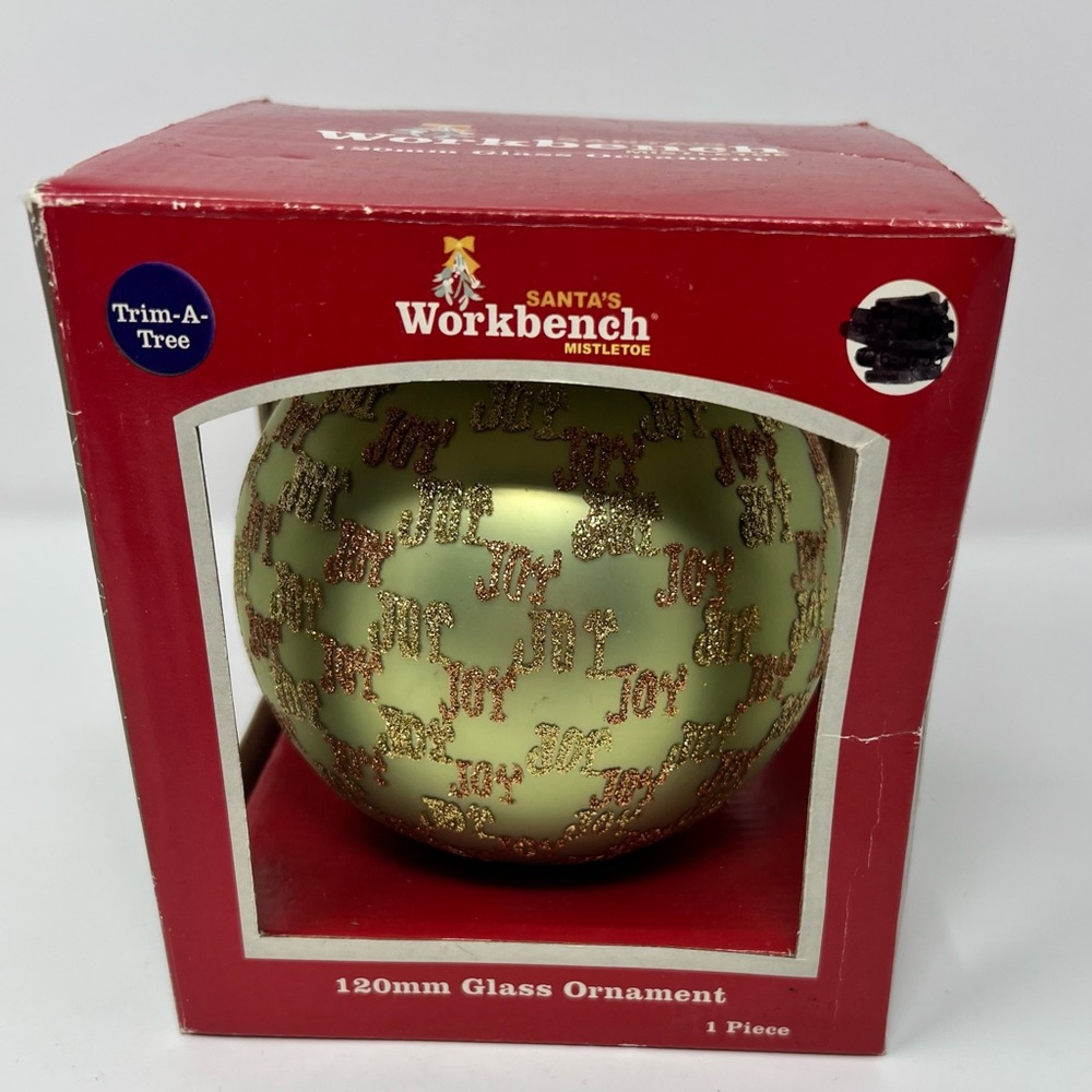 Santa’s Workbench Mistletoe 120mm Glass Ornament Vintage Gold Joy Glitter